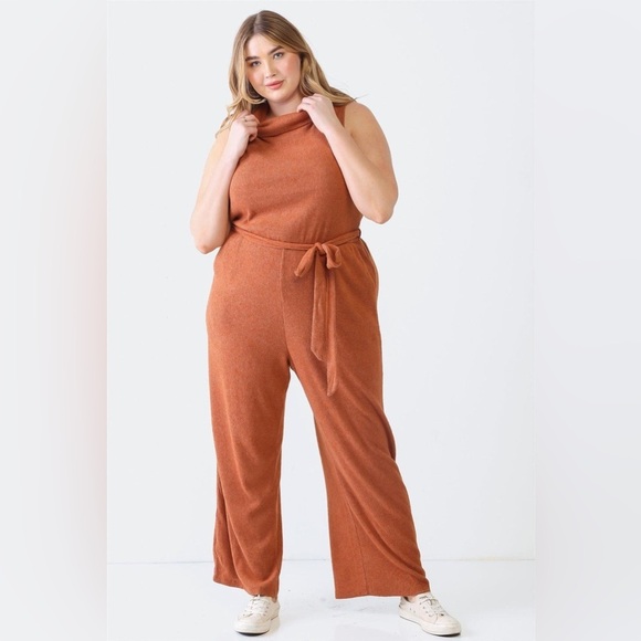 NWT-Plus Size Ribbed Sleeveless Turtle Neck Belted Jumpsuit - Picture 3 of 6